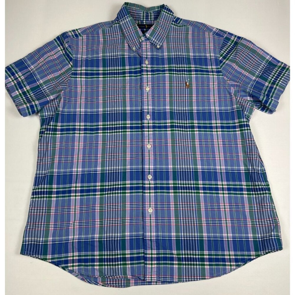Ralph Lauren Men XL Blue Green Pink Plaid Cotton Classic Fit Short Sleeve Shirt